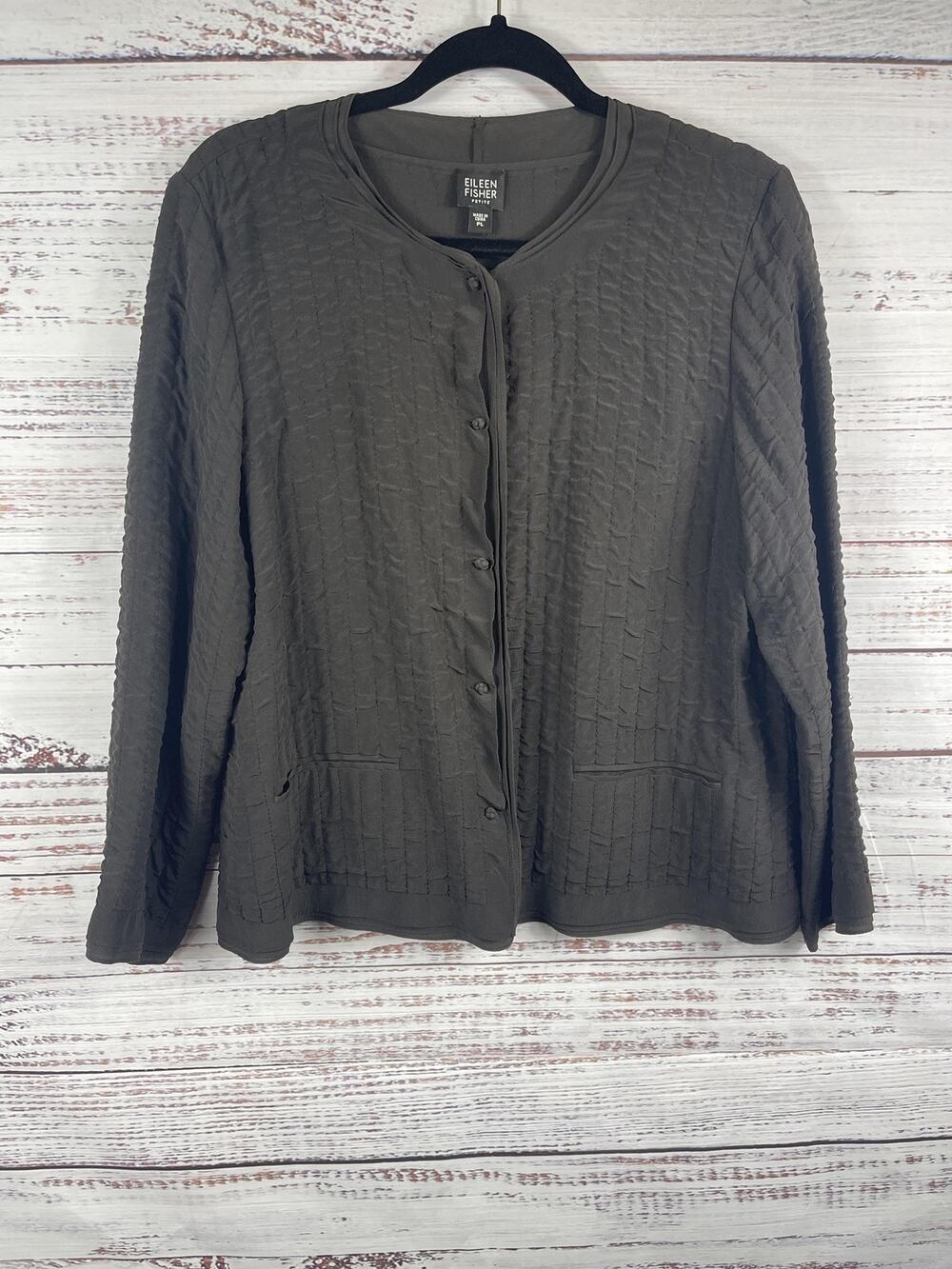 Eileen Fisher Jacket Women's SZ Petite Large Gray 100% Silk Quilted Button Front